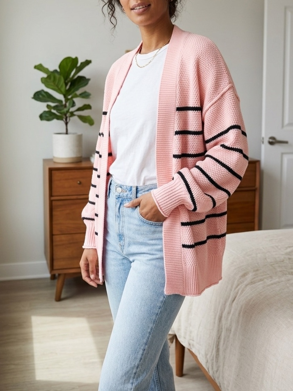 NWT Anthropologie Waffle Knit Striped Cardigan Sweater Pink Black 🤩